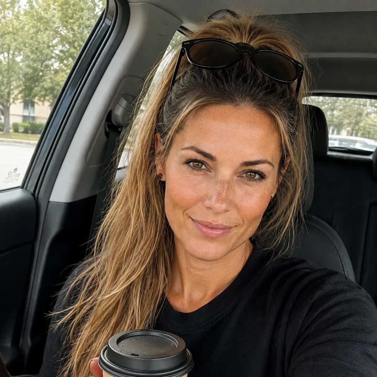 KIARA macht im Auto ein Selfie, mit Coffee-to-go (KI-generiertes Bild)