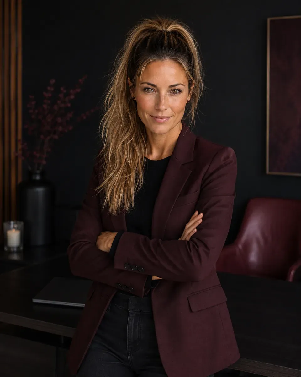 KIARA im Bordeaux-Blazer mit verschränkten Armen (KI-generiertes Bild)