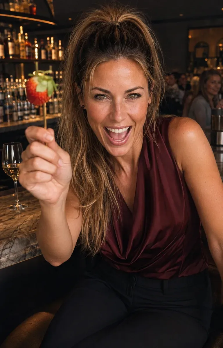 KIARA lacht an einer Bar und hält eine Erdbeere hoch (KI-generiertes Bild)
