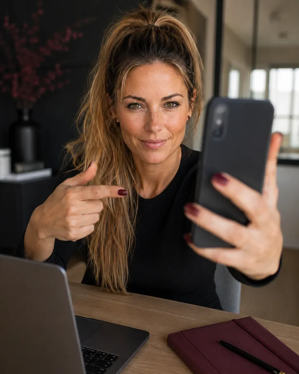 KIARA zeigt auf ihr Smartphone und macht ein Selfie (KI-generiertes Bild)
