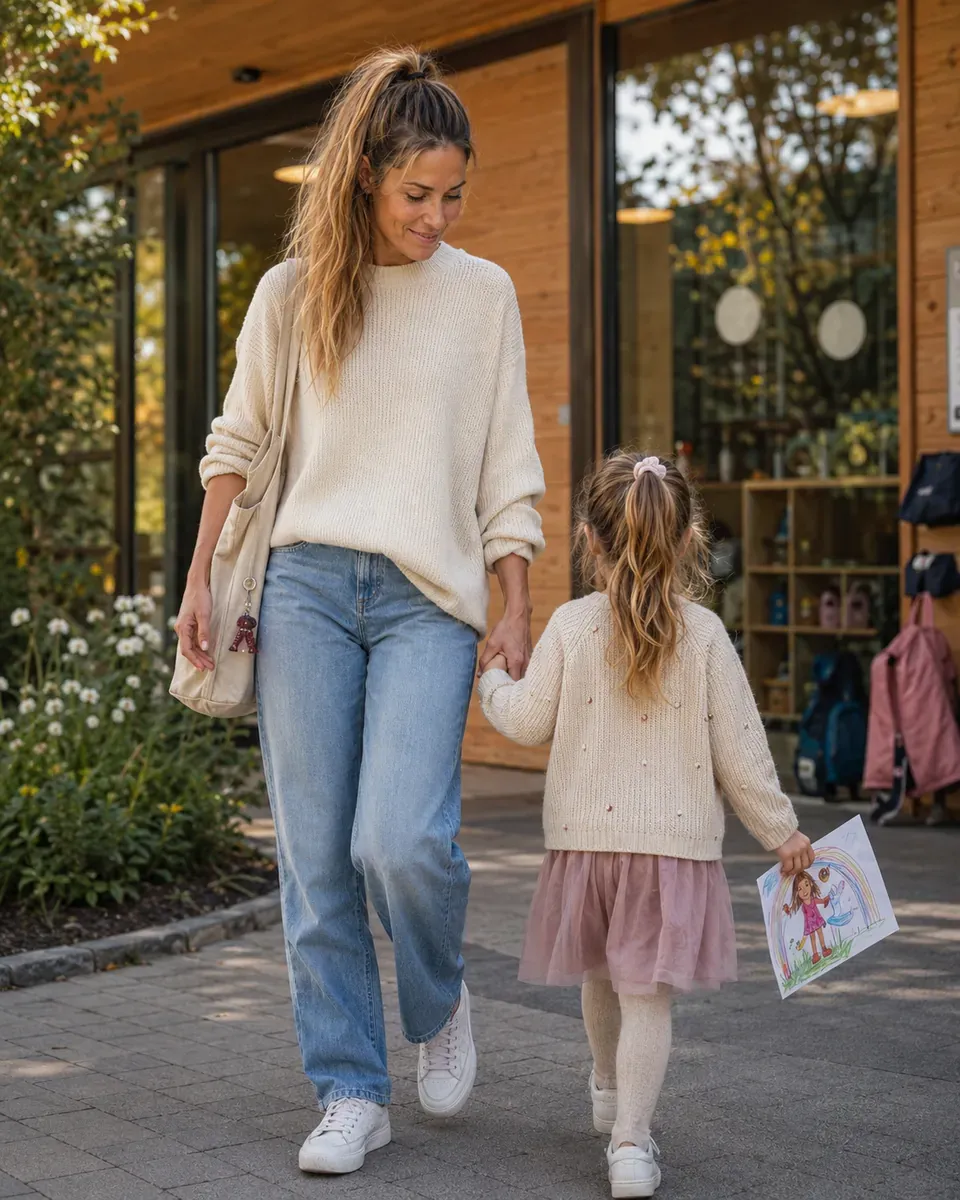 KIARA bringt ihre Tochter an der Hand zur Kita (KI-generiertes Bild)
