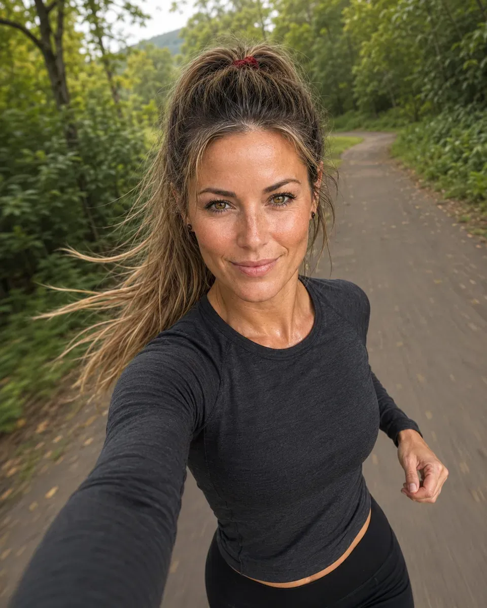 KIARA macht beim Laufen im Wald ein Selfie (KI-generiertes Bild)