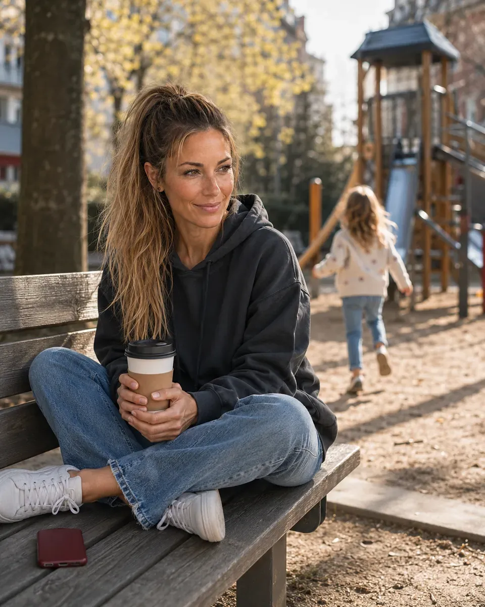 KIARA sitzt mit Kaffee am Spielplatz, ihre Tochter spielt (KI-generiertes Bild)